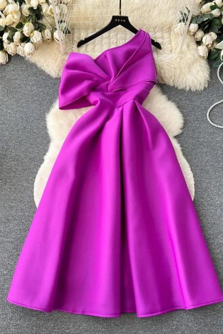 Elegant One-shoulder Bow Accent Midi Cocktail Dress