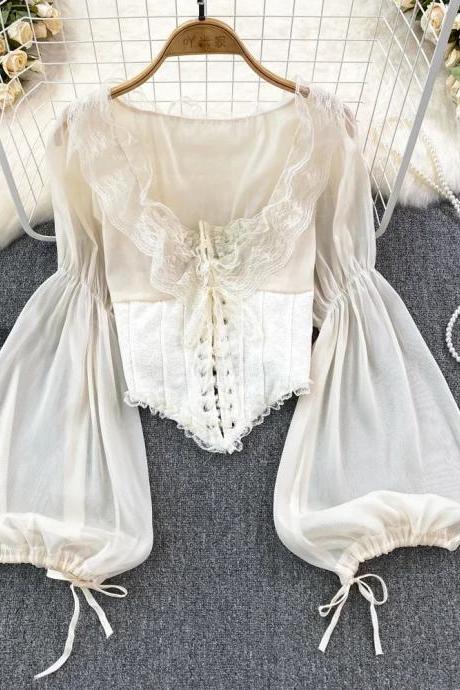 Sheer Sleeve White Blouse With Lace Butterfly Detail