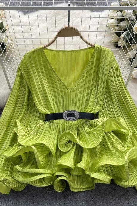 Womens Pleated Green Dress With Ruffle Detail And Belt
