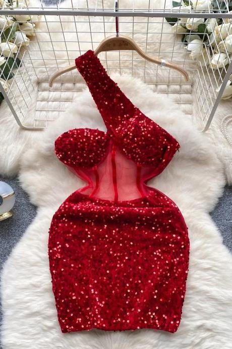 Womens Sparkly Red Sequin Bow Detail Cocktail Dress