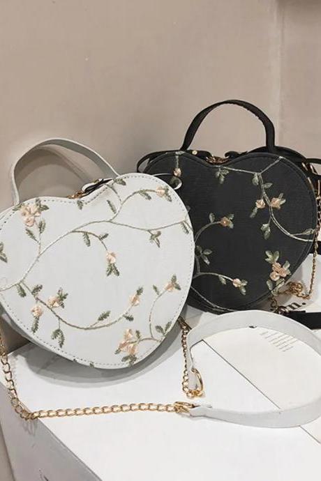 Embroidered Floral Heart-shaped Crossbody Handbags For Women