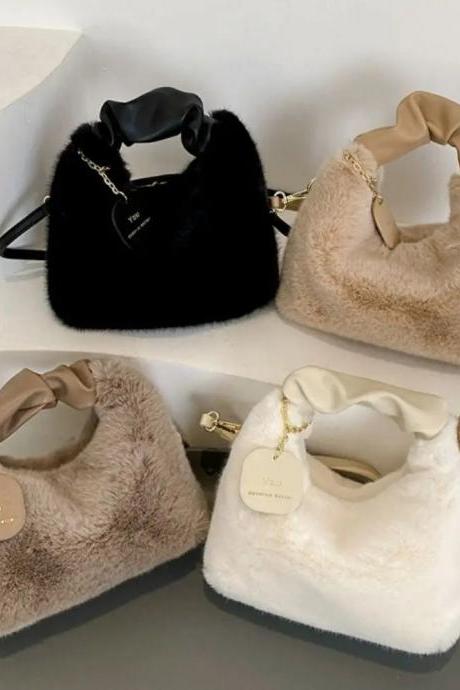 Elegant Faux Fur Shoulder Bags With Silk Scarf Detail