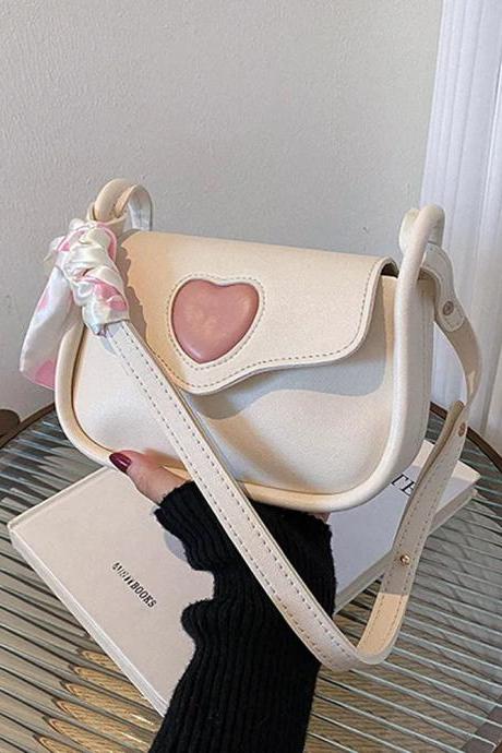 Chic White Heart Cutout Shoulder Bag With Scarf Accent