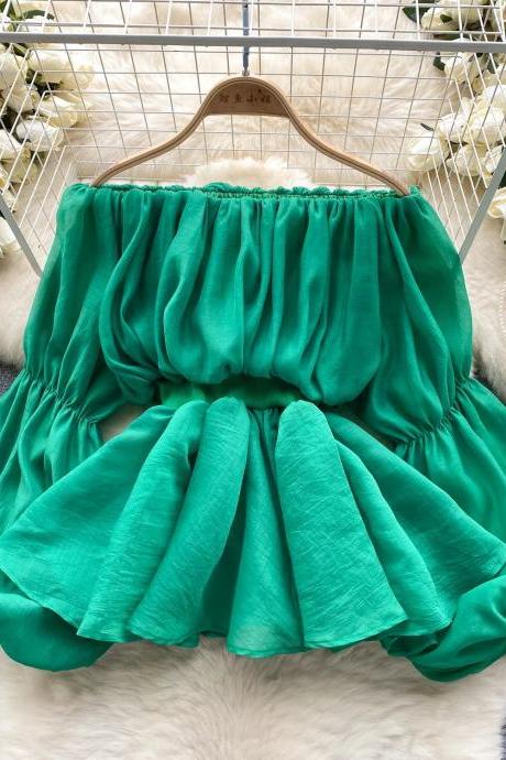 Womens High-waist Pleated Emerald Green Mini Skirt