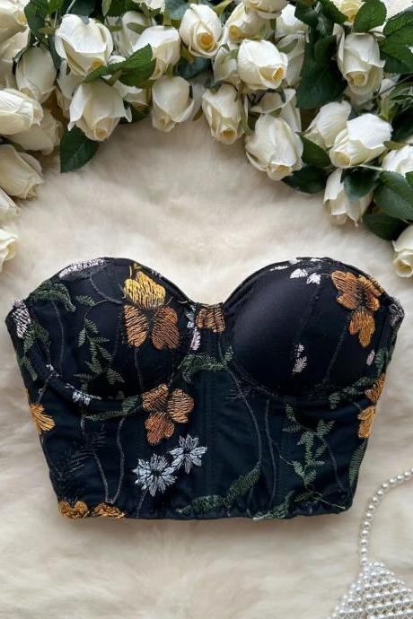 Floral Embroidered Strapless Bustier Top Womens Fashion