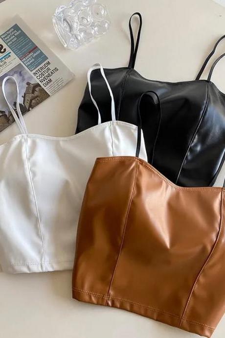 Womens Faux Leather Spaghetti Strap Crop Tops