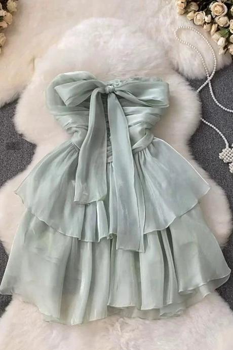 Elegant Mint Green Ruffled Dress With Bow Tie