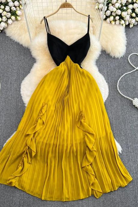 Elegant Black Top Pleated Mustard Maxi Dress Women