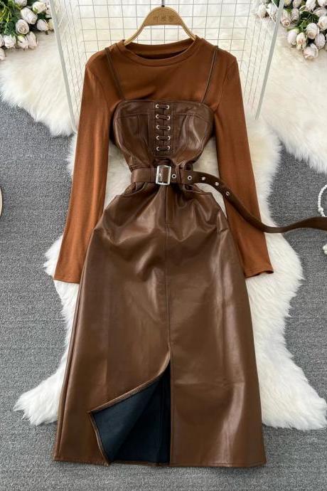 Elegant Long Sleeve Belted Faux Leather Brown Dress
