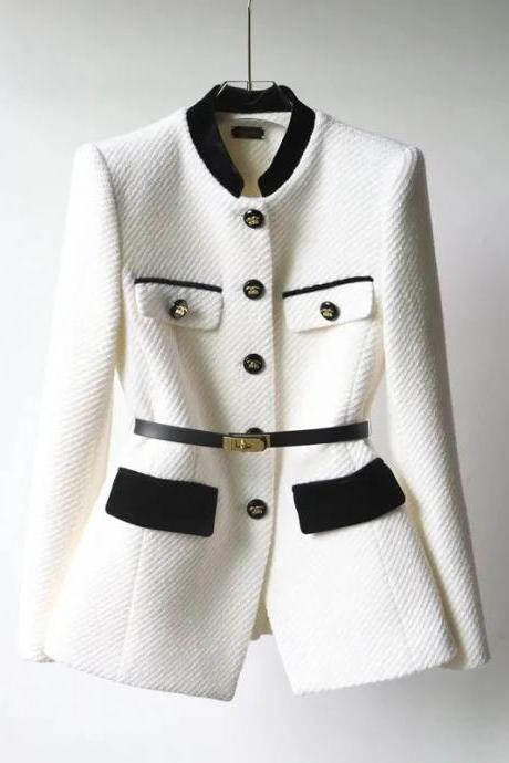 Elegant Textured White Blazer With Contrasting Black Trim