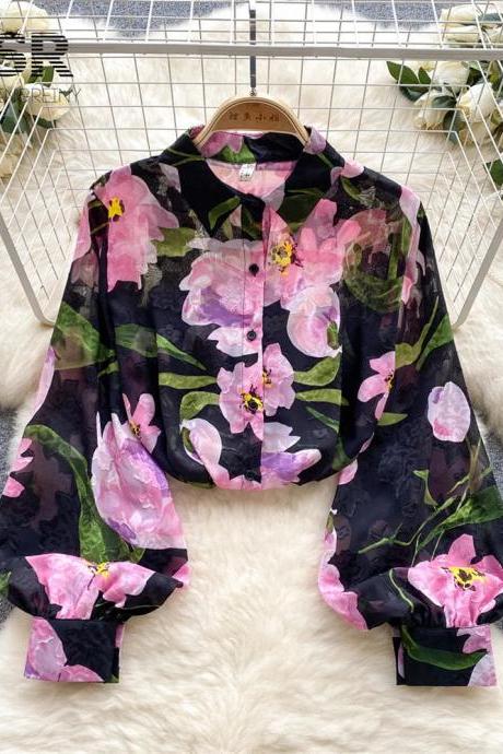 Womens Floral Print Chiffon Blouse Long Sleeve Top