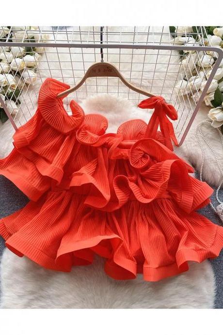 Girls Vibrant Red Ruffled Pleated Party Skirt