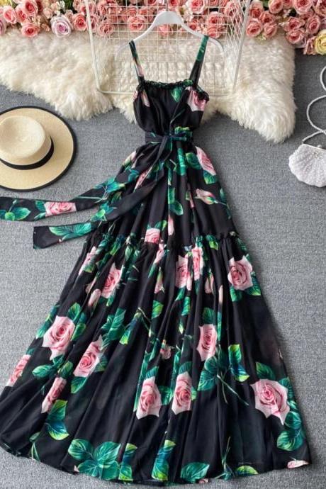 Elegant Floral Print Maxi Dress With Spaghetti Straps