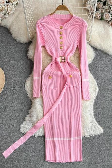 Elegant Long-sleeve Buttoned Pink Ribbed Dress With Belt