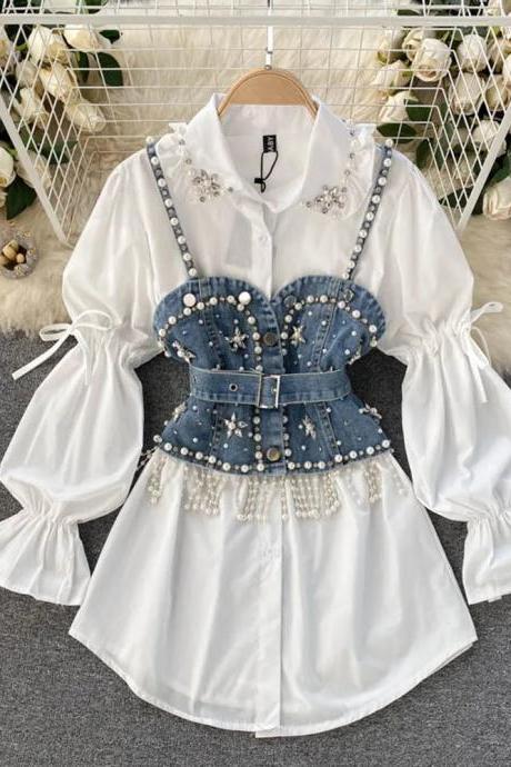 Embellished Pearl Denim Corset With White Puff Sleeve Shirt