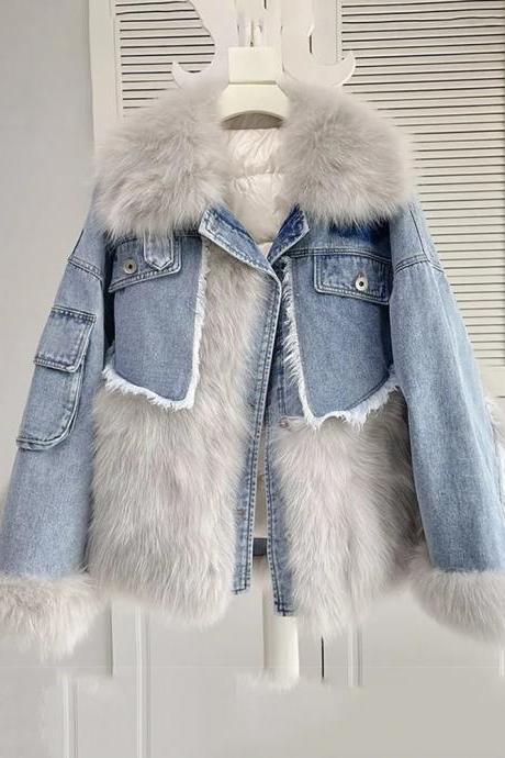 Womens Faux Fur Collar Denim Jacket Winter Cozy