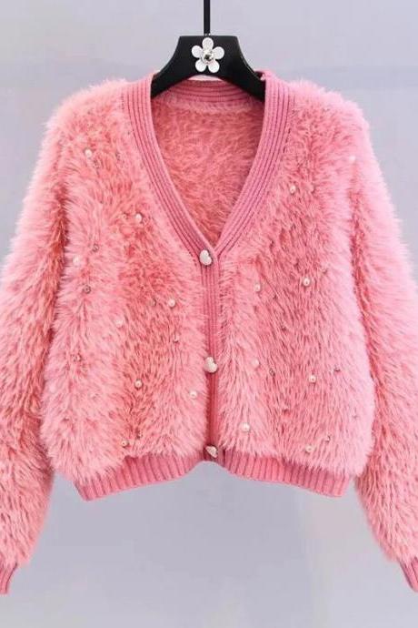 Girls Pink Furry Cardigan With Pearl Embellishments