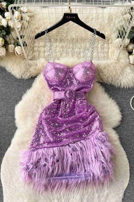 Womens Sequined Purple Feather Hem Party Dress