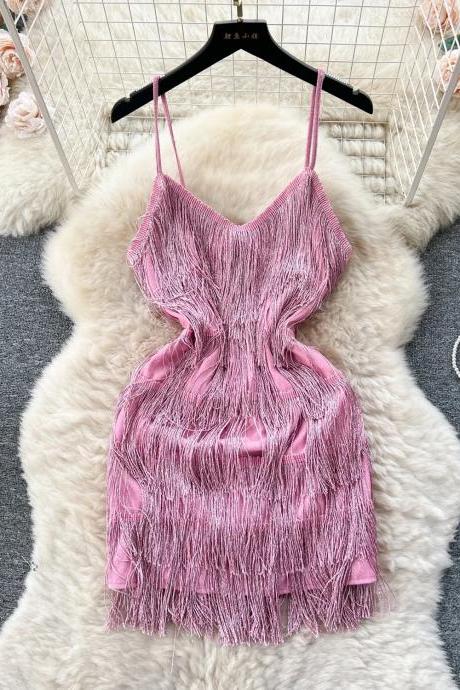 Womens Pink Fringe Tassel Spaghetti Strap Mini Dress