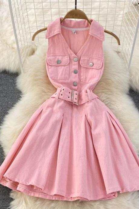 Womens Sleeveless Pink Denim Skater Dress With Belt
