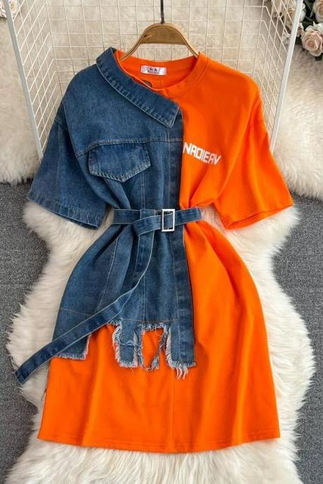 Womens Denim Jean Jacket And Orange T-shirt Dress