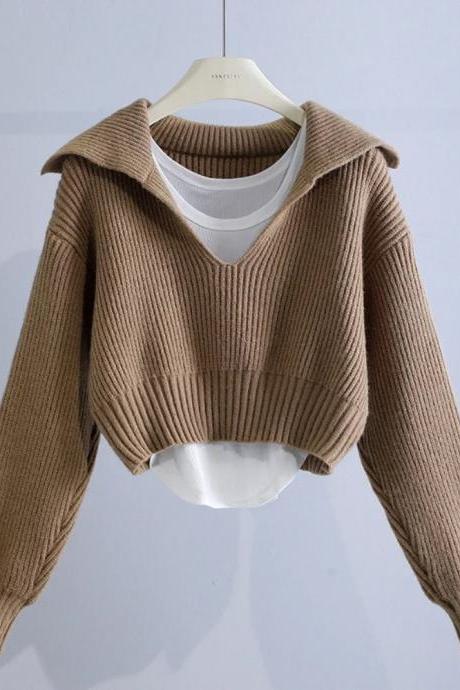 Womens Ribbed Knit Collar V-neck Cropped Sweater Top