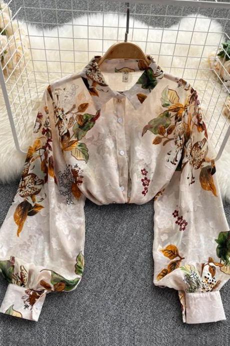 Womens Floral Print Sheer Button-up Blouse Elegant Style