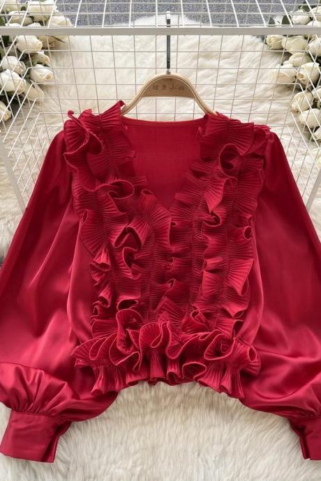 Elegant Red Ruffle Front Satin Blouse For Women