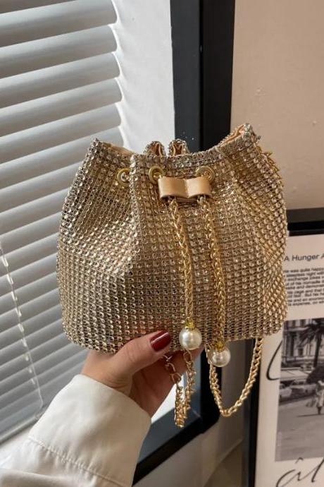 Elegant Gold Mesh Drawstring Bucket Bag With Pearls