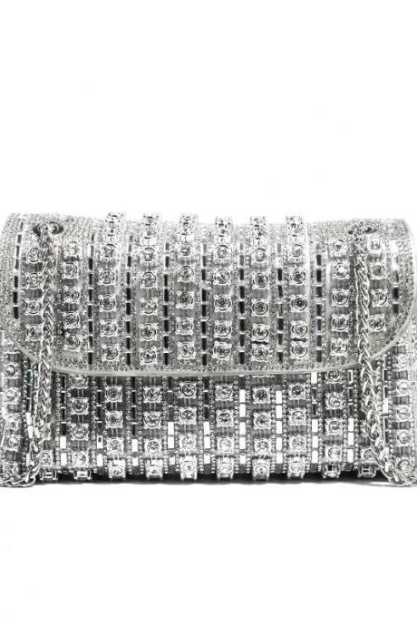 Luxury Crystal Embellished Clutch Evening Bag Silver