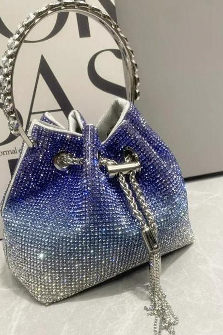 Elegant Blue Rhinestone Bucket Bag With Silver Chain