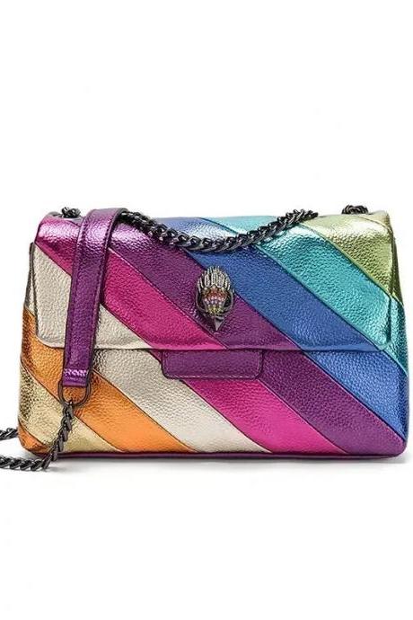Multicolor Chevron Pattern Leather Chain Shoulder Bag