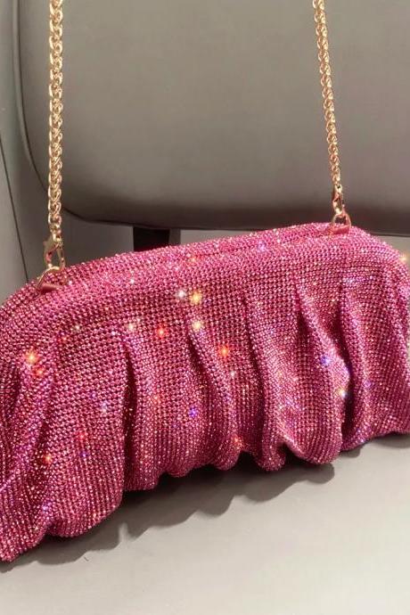 Elegant Pink Crystal Rhinestone Pleated Evening Clutch Bag