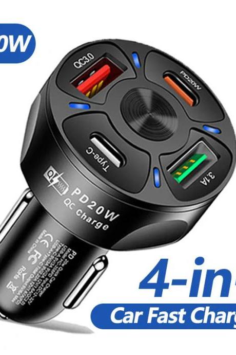 20w Pd Usb-c 4-port Fast Car Charger Adapter