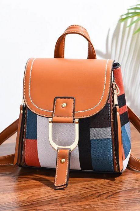 Elegant Plaid Pattern Leather Backpack Womens Stylish Bag