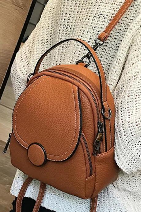 Womens Trendy Compact Tan Leather Backpack Purse