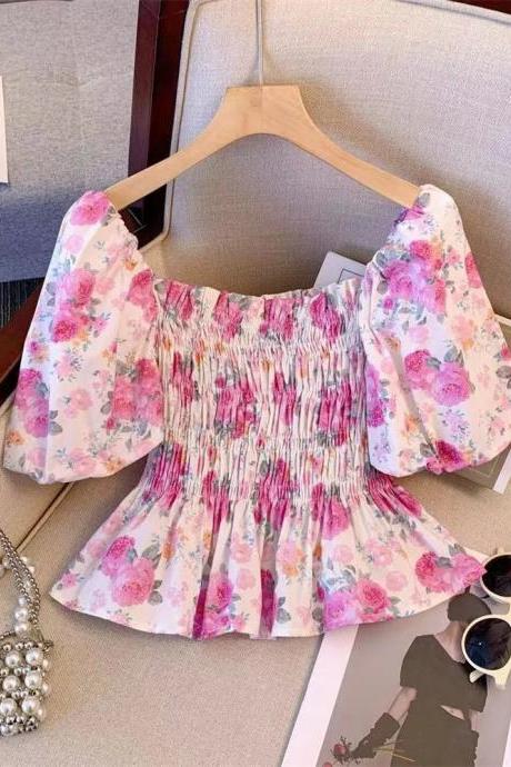 Floral Puff Sleeve Smocked Crop Top Blouse Womens