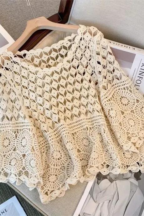 Bohemian Crochet Lace Poncho Top Beige Boho Style