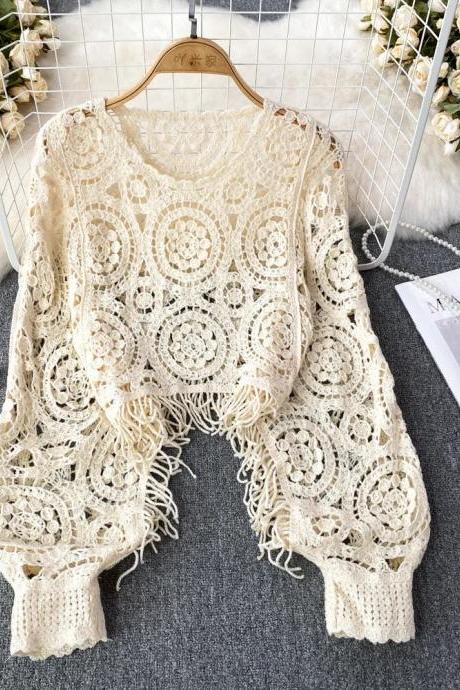 Bohemian Crochet Fringe Poncho Sweater Handmade Knitwear