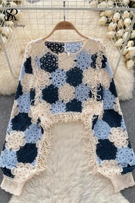 Womens Bohemian Crochet Knit Fringe Trim Pullover Sweater