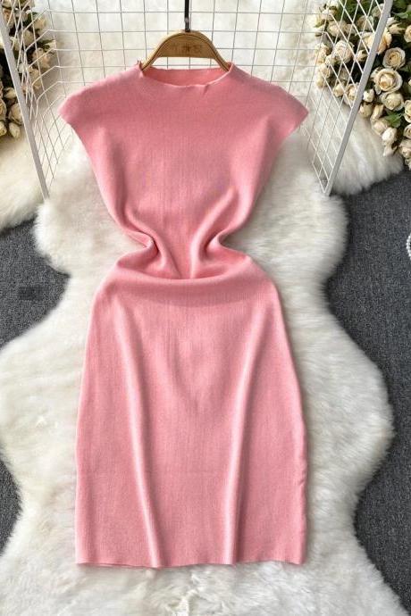 Elegant Pink Mock Neck Cap Sleeve Knit Dress