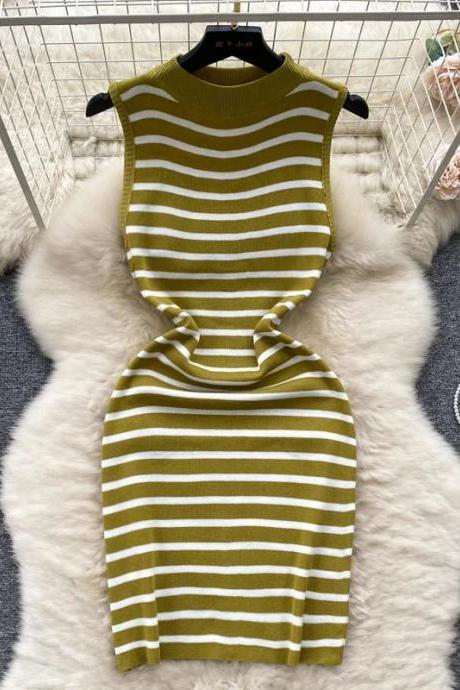 Olive Green Striped Sleeveless Turtleneck Knit Top