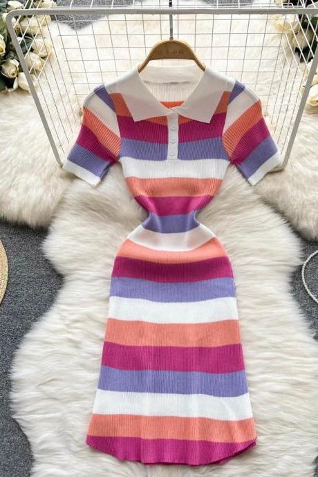 Colorful Striped Casual Knit Polo Dress For Women