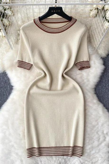 Elegant Rib-knit Midi Dress With Contrast Trim Detail
