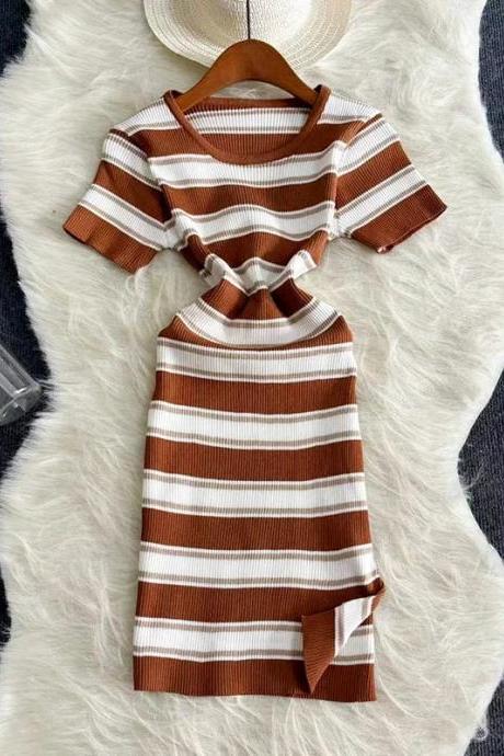 Casual Striped Short-sleeve Knitted Womens Summer Dress