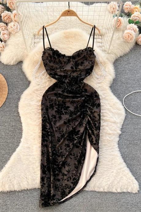 Elegant Black Floral Lace Slip Midi Dress For Women
