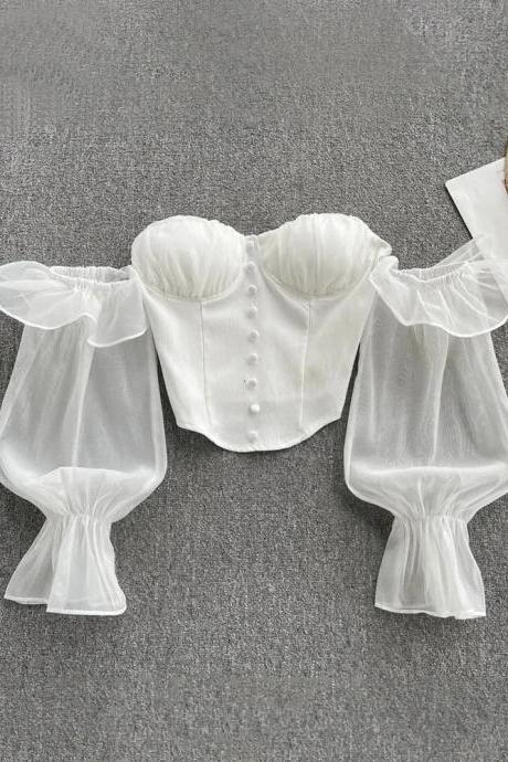 Elegant White Corset Top With Sheer Puff Sleeves