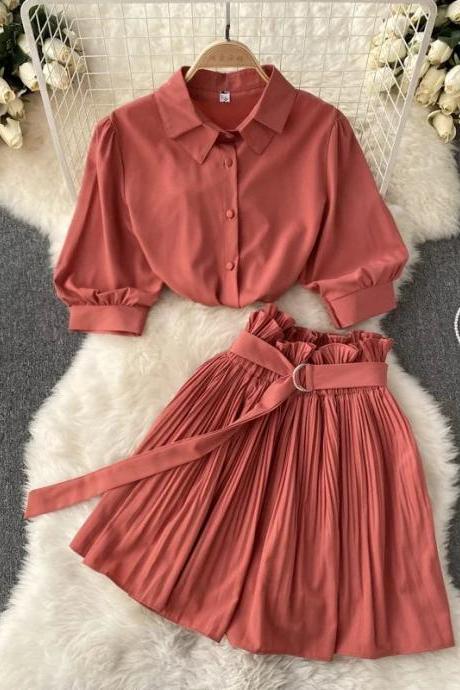 Womens Elegant Pleated Skirt And Button-up Blouse Set
