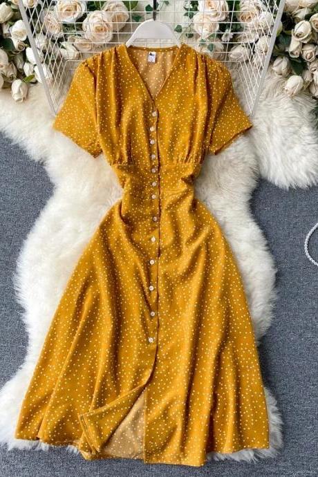 Womens Mustard Polka Dot V-neck Midi Dress
