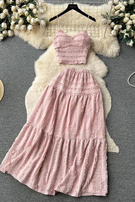 Womens Elegant Pink Two-piece Pleated Maxi Dress Set